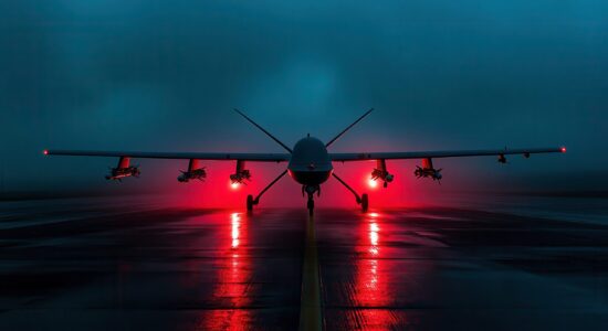A striking view of a drone ready for surveillance missions on a runway at night, showcasing bright lighting against an isolated backdrop, highlighting modern technology.